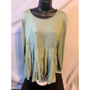 You & Me Womens Green Plus Size Babydoll Ruffle Top Shirt Blouse 2X Long Sleeve